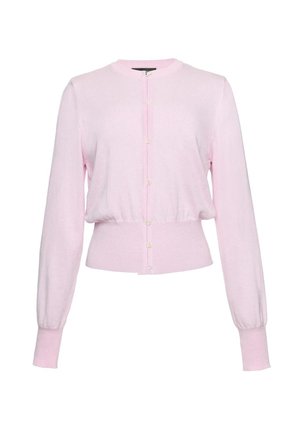 Világos rózsaszín hosszú ujjú kötött kardigán kerek nyakkivágással, gombos elejével, valamint testhez simuló bordázott derékrésszel és mandzsettákkal.