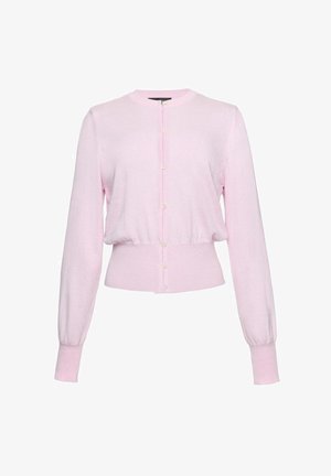 Hele roosa pikkade varrukatega kootud jakk ümarate kaelustega, ees nööpidega ja vormitud soonikkoes vöökohaga ning mansettidega.