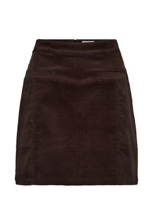 Bruine corduroy mini-jurk met een aansluitende taille, twee voorkruiden en een subtiel textuurpatroon. Voorzien van een rits aan de achterkant.