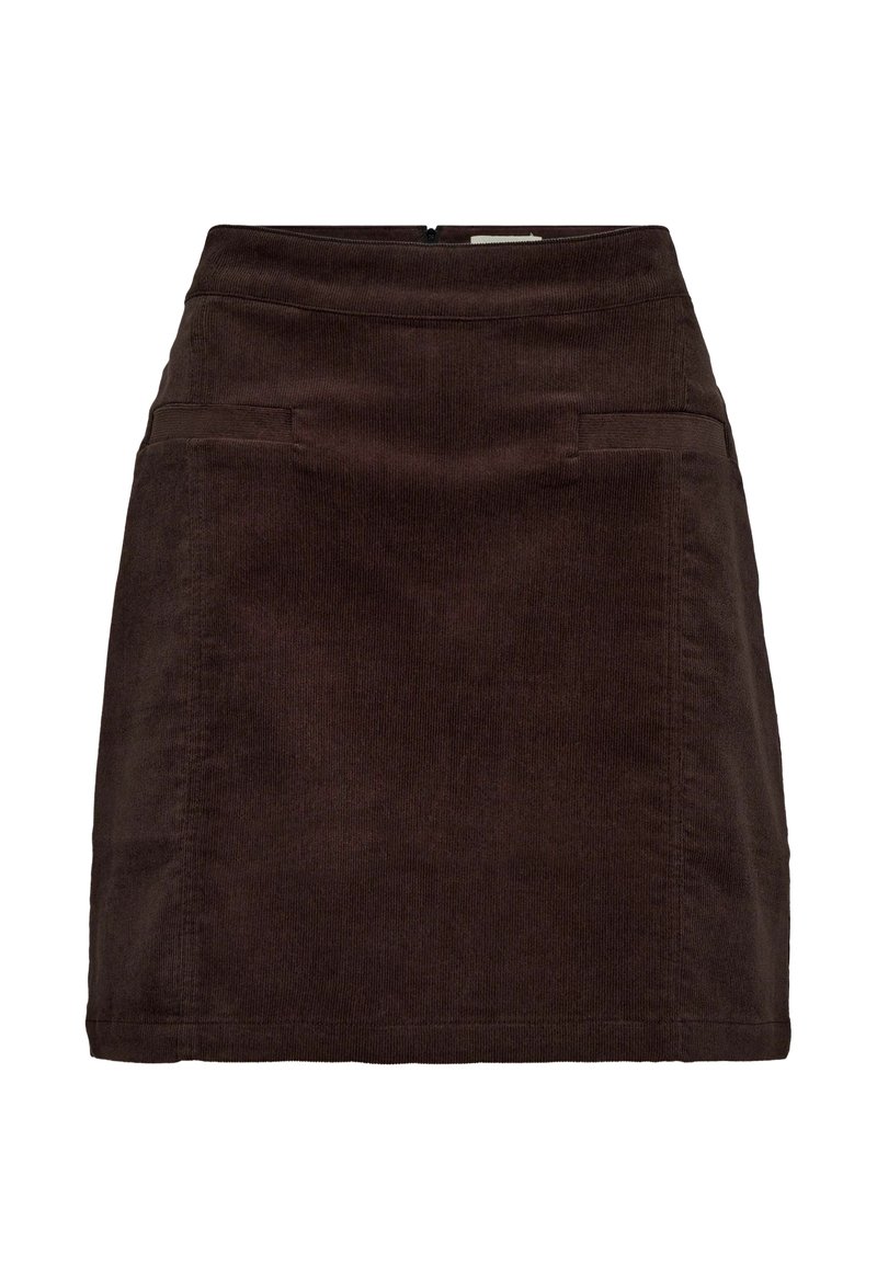 Rjava kordurojska mini krila s prilegajočim pasom, dvema sprednjima žepoma in diskretnim teksturiranim vzorcem. Ima zadrgo na zadnji strani.