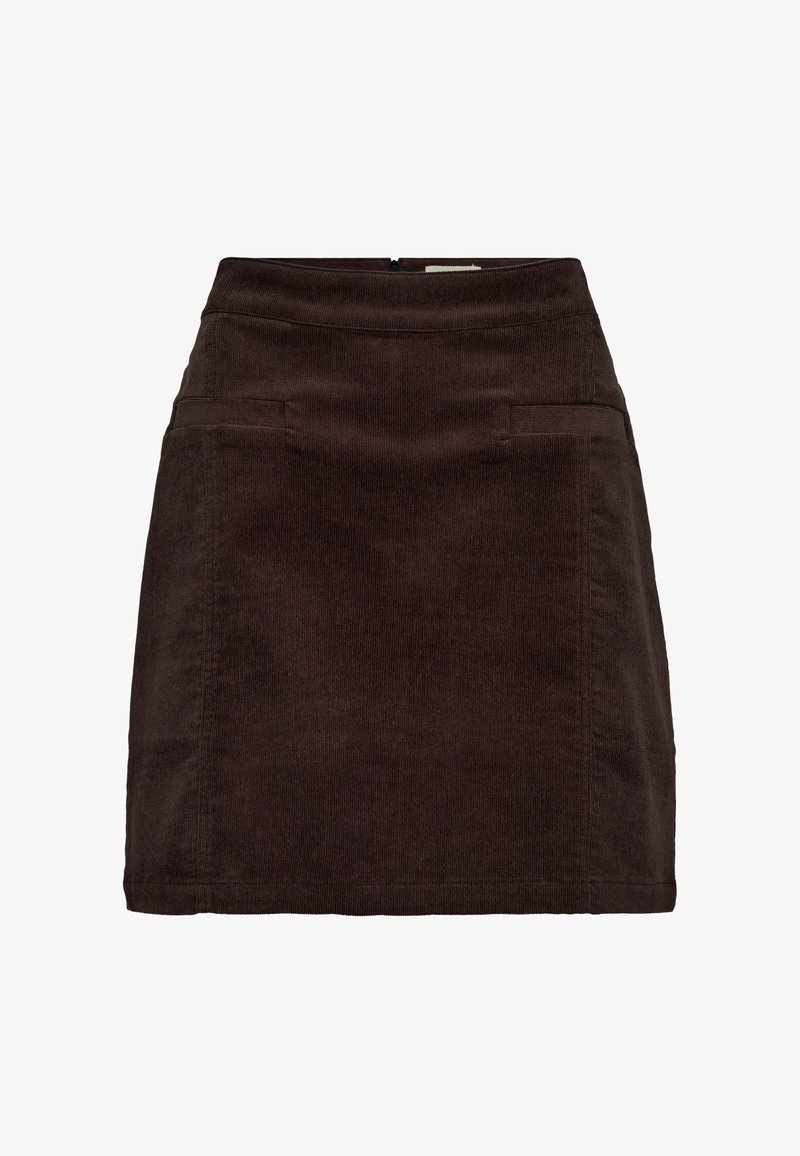 Rjava kordurojska mini krila s prilegajočim pasom, dvema sprednjima žepoma in diskretnim teksturiranim vzorcem. Ima zadrgo na zadnji strani.