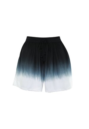 Mustast valgeni liuglevad lühikesed püksid elastse vöörihma ja nööriga, kerge kangas ning pitskaunistus ääres.