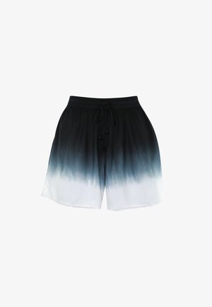 Mustast valgeni liuglevad lühikesed püksid elastse vöörihma ja nööriga, kerge kangas ning pitskaunistus ääres.