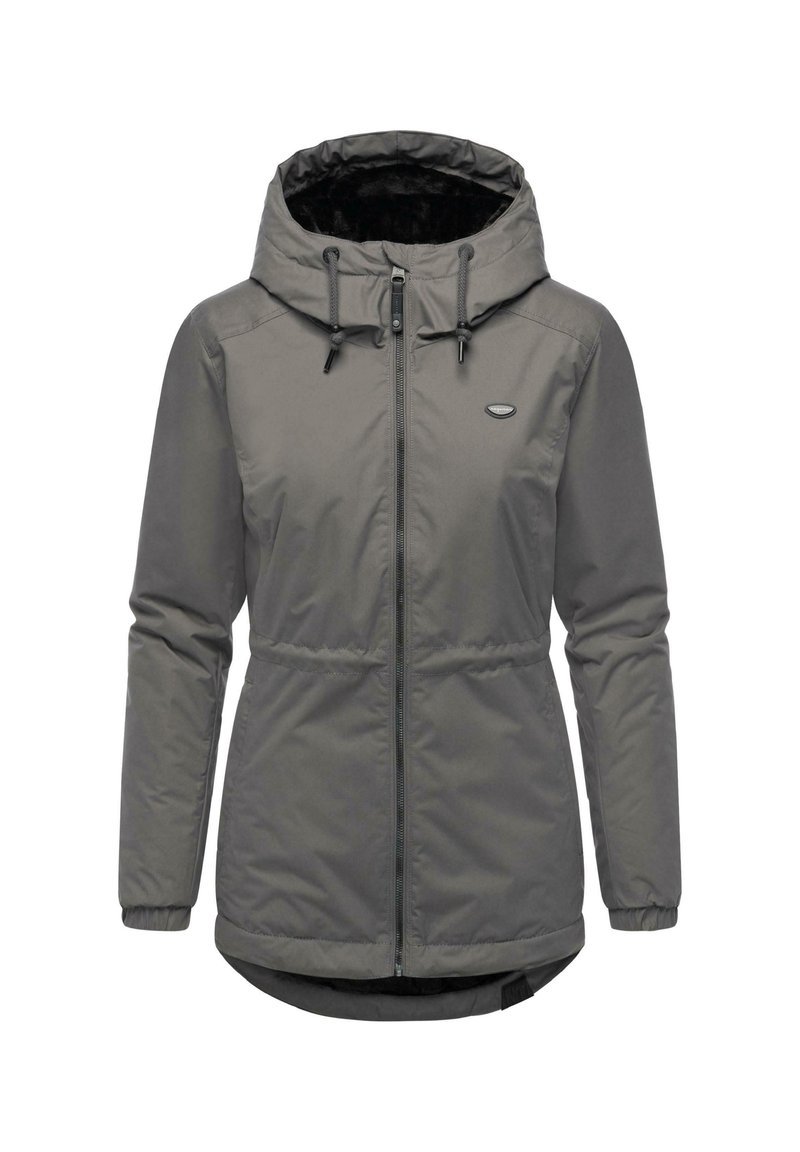 Gray insulated jacket with a zip front, adjustable hood, and elastic waist. Features a soft inner lining and a small logo on the chest.