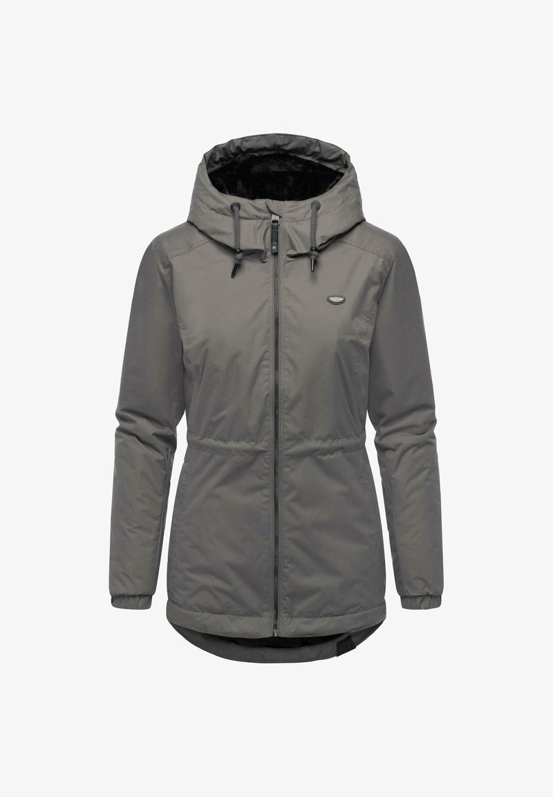 Gray insulated jacket with a zip front, adjustable hood, and elastic waist. Features a soft inner lining and a small logo on the chest.