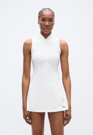 Biele športové šaty s vysokým golierom a krátkymi rukávmi, s predným zipsovým zapínaním a priliehavým živôtikom, hladkou textúrou a logami.
