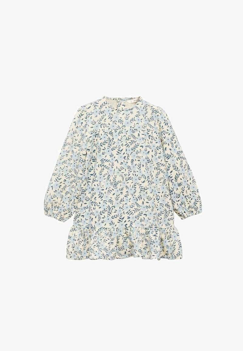Robe crème à manches longues avec motif de feuilles bleues et vertes, poignets froncés, col montant et ourlet à volants.