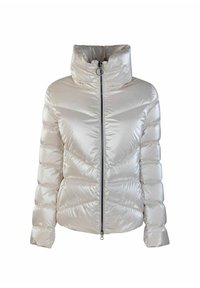 Giacca trapuntata imbottita in tessuto lucido beige chiaro, con colletto alto e zip frontale, caratterizzata da cuciture diagonali e maniche a sbuffo.