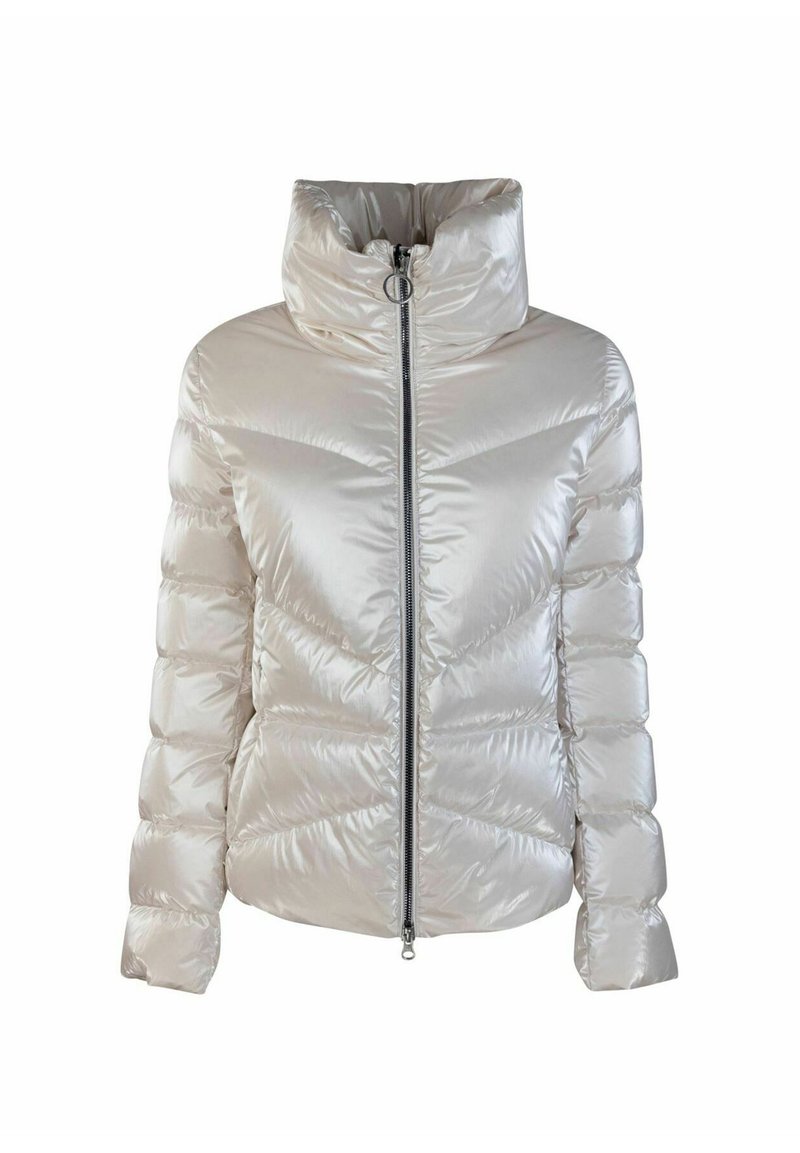 Giacca trapuntata imbottita in tessuto lucido beige chiaro, con colletto alto e zip frontale, caratterizzata da cuciture diagonali e maniche a sbuffo.