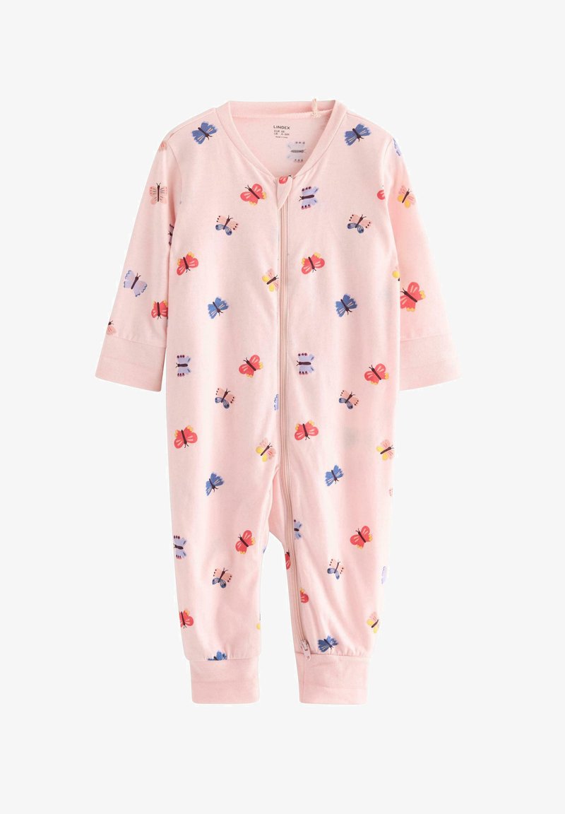 Różowy kombinezon z pełnym zamkiem błyskawicznym, długimi rękawami i motywem motyli w kolorach czerwonym, niebieskim i żółtym. Wykonany z miękkiego materiału z elastycznymi mankietami.