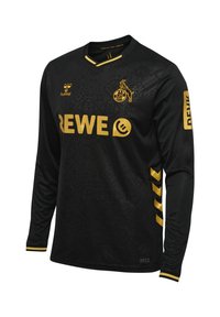 Schwarzes Langarm-Fußballtrikot mit strukturiertem Muster, goldenen Akzenten und Logos. Das Design umfasst Chevron-Streifen an den Ärmeln.