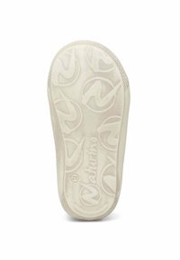 Suola di scarpa in gomma bianca con modelli di presa testurizzati e design a logo circolare, con un bordo intrecciato sul lato. Design durevole e flessibile.