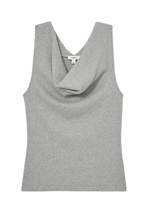 Gray sleeveless top made of ribbed fabric, featuring a draped cowl neckline and a fitted silhouette. Tag visible inside with brand name.
