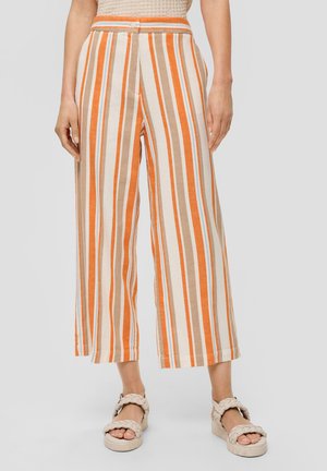 Gestreifte weite Hosen mit orangefarbenen, beigen und hellblauen Streifen. Weicher Stoff mit hoher Taille und vorderem Knopfverschluss. Flacher Saum.