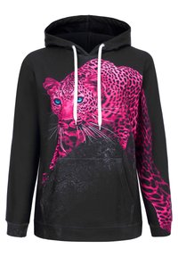 Sudadera con capucha negra con un gran gráfico de leopardo rosa. Presenta cordones blancos y un bolsillo frontal. Material suave y corte relajado.