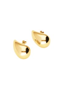 Boucles d'oreilles en forme de goutte d'eau en or avec une finition brillante et un système de fixation sécurisé. Surface lisse avec une qualité réfléchissante et des bords arrondis.