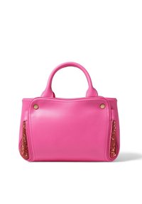 Sac à main en cuir rose avec un design structuré, des poignées arrondies et des accents texturés sur les côtés rouges. Présente une finition lisse et des détails en laiton.