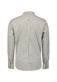 Wit langemouws- shirt met een geometrisch patroon in zwart en bruin. Heeft een puntige kraag en knoopmanchetten. Soepele stofstructuur.