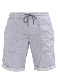 Shorts rayés bleus et blancs en tissu léger, avec une taille élastique, un cordon de serrage réglable et des poignets roulés.