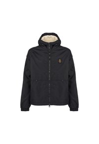 Giacca nera con zip, foderata in morbido pile beige, cappuccio regolabile, polsini elasticizzati e due tasche frontali. Presenta una toppa con il logo sul petto.