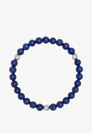 Lapis lazuli beaded bracelet featuring shiny dark blue beads and a single silver accent bead with an engraved design.
