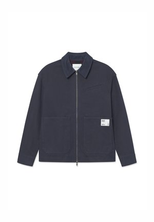 Navy blue jacket featuring a front zipper, patch pockets, and a small label on the left pocket with a textured collar and smooth fabric.