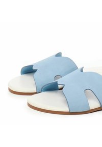 Een paar lichtblauwe schuifsandalen met een brede band en een witte gevoerde zool op een bruine ondergrond, geïsoleerd op een witte achtergrond.