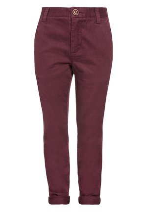 Chinos bordeaux à coupe droite, dotés d'une fermeture à bouton, de poches latérales et de revers aux chevilles. Fabriqués en tissu texturé.
