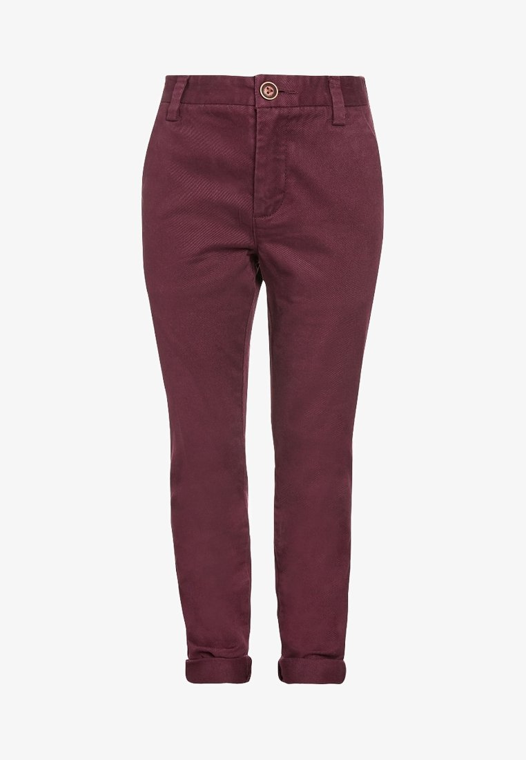 Chinos bordeaux à coupe droite, dotés d'une fermeture à bouton, de poches latérales et de revers aux chevilles. Fabriqués en tissu texturé.