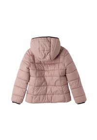 Giacca a vento rosa chiaro con cappuccio, caratterizzata da sezioni trapuntate, polsini elasticizzati e una texture liscia e lucida. Vista posteriore mostrata.