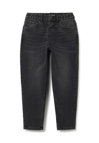 Jeans de mezclilla negra con cinturilla elástica, bolsillos estándar y un diseño de pierna ajustada. La tela presenta un ligero desgastado y una textura suave.