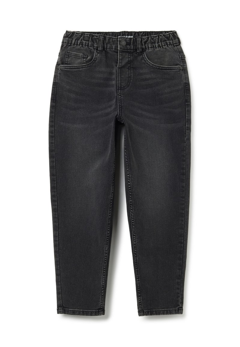 Jeans de mezclilla negra con cinturilla elástica, bolsillos estándar y un diseño de pierna ajustada. La tela presenta un ligero desgastado y una textura suave.