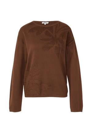 Brązowy sweter z teksturowanym, kwiatowym wzorem. Okrągły dekolt, długie rękawy i luźny krój. Wykonany z dzianiny.