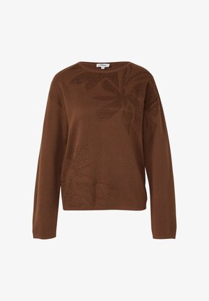 Brązowy sweter z teksturowanym, kwiatowym wzorem. Okrągły dekolt, długie rękawy i luźny krój. Wykonany z dzianiny.