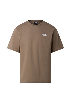 Ensfarvet brun T-shirt med kortærmer og rund hals, med hvidt The North Face-logo på venstre bryst.