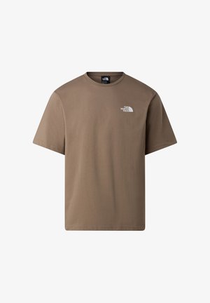 T-shirt beige à manches courtes et col rond avec le logo blanc The North Face sur la poitrine gauche.