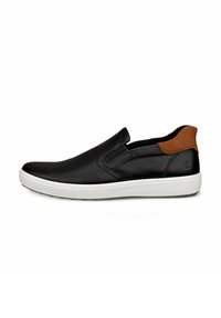 Schwarzer Slipper aus glattem Leder mit elastischen Seitenpanelen, kontrastierendem braunem Akzent an der Ferse und einer weißen Gummisohle.