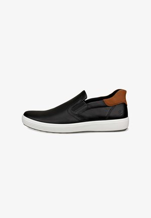 Schwarzer Slipper aus glattem Leder mit elastischen Seitenpanelen, kontrastierendem braunem Akzent an der Ferse und einer weißen Gummisohle.