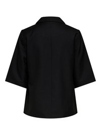 Veste noire à manches courtes avec de larges manches et un col, vue de dos sur un fond blanc.