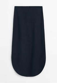 Tummansininen hame, joka on valmistettu sileästä kankaasta. Hameessa on suora leikkaus, pyöristetty helma ja piilotettu vetoketju takana.