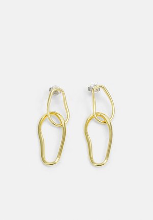 Auksinės spalvos metalinės auskarai su abstrakčia kilpos forma. Lygus, blizgus paviršius su tarpusavyje susijusiomis, organinėmis formomis ir fiksatoriaus nugara.