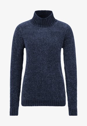 Dunkelblaues Sweatshirt mit geripptem Rollkragen, langen Ärmeln und strukturiertem Strickstoff. Verfügt über schmale Bündchen und einen geraden Saum.