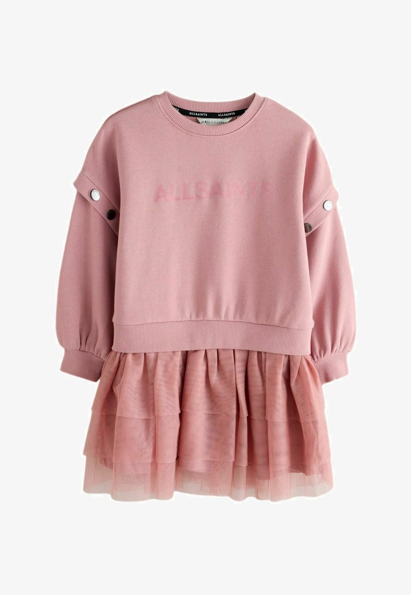 Vestido sudadera rosa de manga larga con puños acanalados, detalles de botones a presión en las mangas y falda de tul en capas, con la marca "ALLSAINTS" en el pecho.