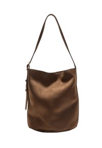 Borsa a spalla in suede marrone con una texture liscia, corpo ampio e una singola tracolla regolabile. Presenta un dettaglio con nappina laterale.