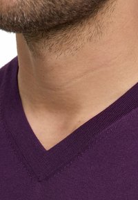 Maglione a V in viola scuro. Il tessuto appare liscio con un colletto a costine e cuciture curate lungo i bordi. Tono della pelle visibile sotto.