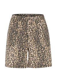 Shorts met luipaardprint in een beige en zwarte patroon, met een elastische tailleband en trekkoord. Voorzien van twee zijzakken. Gemaakt van een zachte stof.