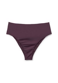 Bikiniunterteil in tiefem Lila, aus glattem Stoff gefertigt. Verfügt über einen hochgeschnittenen Schnitt mit minimaler Seitenabdeckung und einem sauberen Finish.