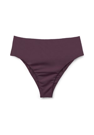 Bikiniunterteil in tiefem Lila, aus glattem Stoff gefertigt. Verfügt über einen hochgeschnittenen Schnitt mit minimaler Seitenabdeckung und einem sauberen Finish.