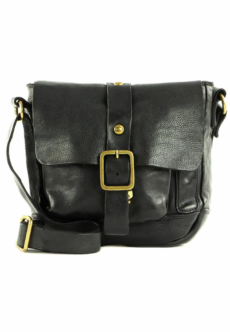 Borsa a tracolla in pelle nera con chiusura a pattina, dettagli in metallo dorato e una fibbia decorativa. Esterno testurizzato con tracolla regolabile.