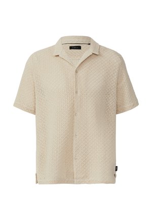 Beigefarbenes kurzärmeliges Hemd mit Knöpfen aus offen gestricktem Stoff mit Rautenmuster. Verfügt über einen klassischen Kragen und ein seitliches Etikett.
